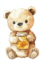 Aufkleber - Cute bear holding a jar of honey surrounded by a soft, pastel background in a playful, illustrated style. Generative AI