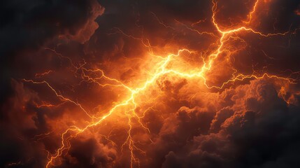 Wall Mural - Abstract digital illustration of bright orange lightning striking through dark stormy clouds, conveying a powerful and dramatic natural phenomenon.