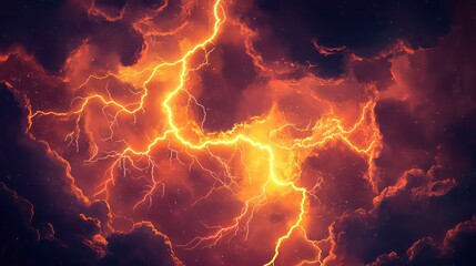 Wall Mural - Abstract digital illustration of bright orange lightning striking through dark stormy clouds, conveying a powerful and dramatic natural phenomenon.