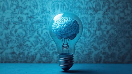 Poster - Abstract geometric blue light bulb glowing with brains inside on blue background.