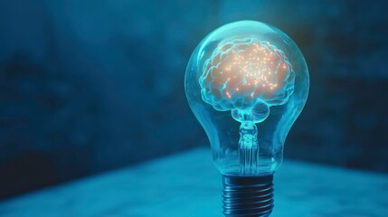 Poster - Abstract geometric blue light bulb glowing with brains inside on blue background.