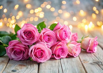 Wall Mural - Pink Rose Bundle on Rustic White Wood with Sparkling Bokeh Lights - Stock Photo