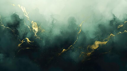 Sticker - abstract green and gold watercolor background with marble effect