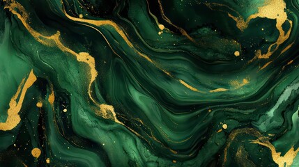 Sticker - abstract green and gold watercolor background with marble effect