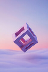 Poster - Explore the Elegance of a Floating Geometric Cube Against a Stunning Pastel Sunset Sky in a Surreal Artistic Composition