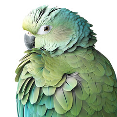 Close-up of a parrot with vibrant green feather isolated on white background.PNG