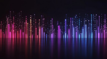 Poster - abstract neon light pillars reflecting on dark water: a digital art visualization