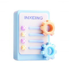 Fototapete - A vibrant, stylized 3D model of a gear box with pastel colors features gears and checkboxes. It's playful and suitable for design and tech purposes.
