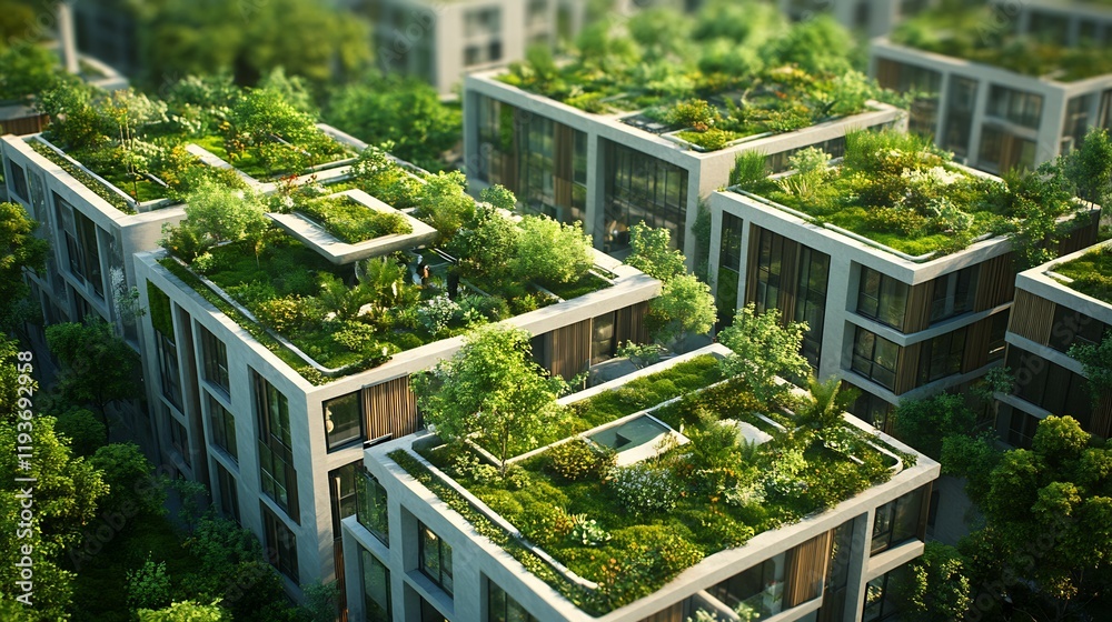 Depiction of green roofs featuring thriving plants sustainable urban ...
