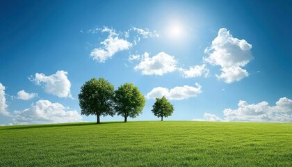 Wall Mural - Beautiful green grass field with blue sky and white clouds background, green meadow for golf course or park landscape