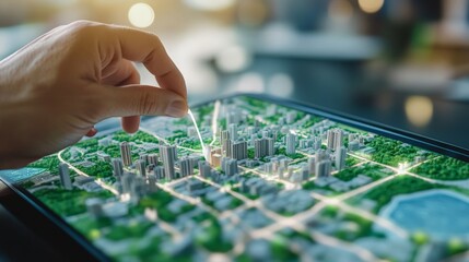 Fototapete - Hand constructing futuristic smart city model on digital tablet