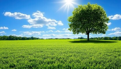 Wall Mural - Beautiful green grass field with blue sky and white clouds background, green meadow for golf course or park landscape