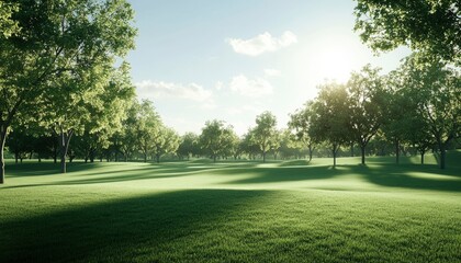 Wall Mural - Beautiful green grass field with blue sky and white clouds background, green meadow for golf course or park landscape