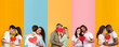 © Prostock-studio - A vibrant collage featuring diverse couples expressing love and affection on St. Valentine's Day. Each couple displays joy and connection in a cheerful setting filled with color.