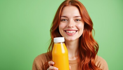 Wall Mural - Red-haired woman with juice bottle mockup, smiling at the camera, fresh light green background with copy space