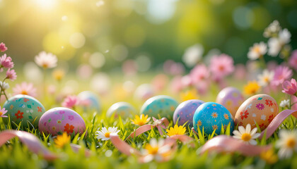 Poster - Colorful easter eggs with floral patterns are nestled in lush green grass, illuminated by warm sunlight and creating a cheerful easter scene.