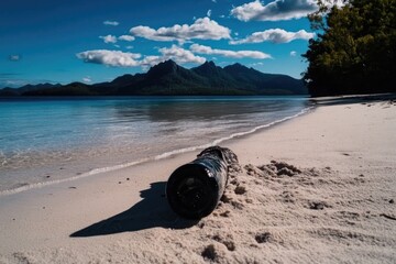 Wall Mural - Serene beach with washed ashore bottle and mountain backdrop