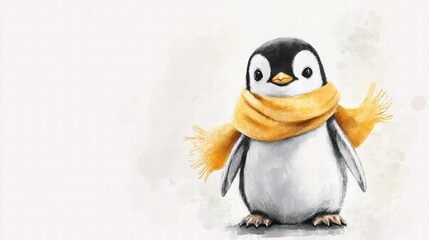 Poster - Cute illustrated penguin wearing a warm yellow scarf in a snowy landscape setting during winter season. Generative AI