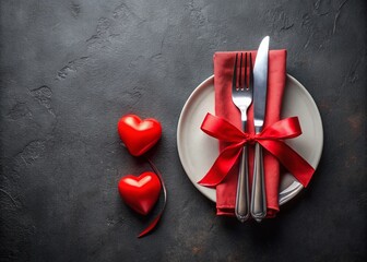 Wall Mural - Romantic Valentine's Day Dinner: Elegant Black Table Setting with Red Ribbon Cutlery