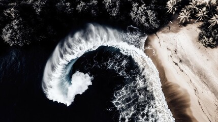 Wall Mural - Aerial view of wave crashing on tropical beach with palm trees