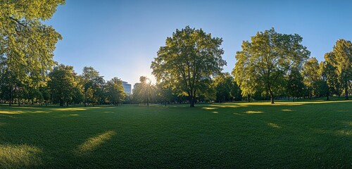 Wall Mural - Beautiful green trees and grass in a park with sunlight, captured with a wide-angle lens. This summer landscape image could be used as a banner template or stock photo. It is a high-quality,