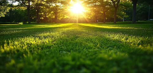 Wall Mural - Beautiful green trees and grass in a park with sunlight, captured with a wide-angle lens. This summer landscape image could be used as a banner template or stock photo. It is a high-quality,