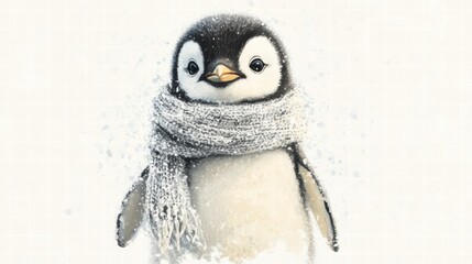 Poster - Cute illustrated penguin wearing a scarf standing in a snowy landscape during winter season. Generative AI