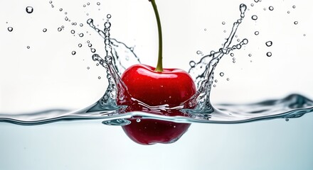 Poster - Red cherry splashing into water. Fresh ripe berry falls into clear liquid. Water droplets, ripples around cherry. Bright red color against white background. Close-up studio shot. High quality image.