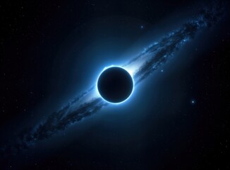 Poster - Cosmic eclipse shows dark celestial body obscuring glowing blue planet. Deep starry space surrounds astrophysical event. Nebula glows with faint blue light. Image suggests unknown planet in distant