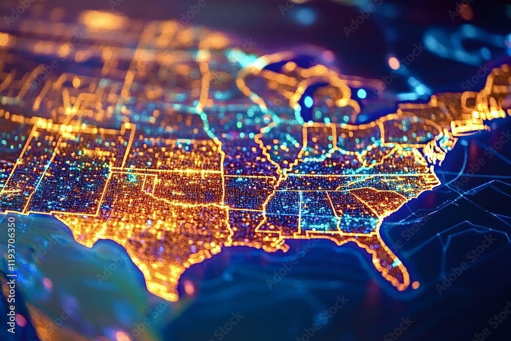 Futuristic glowing map of the united states illustrating population