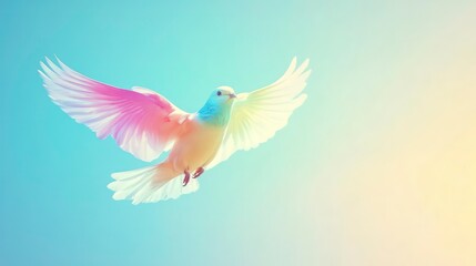 Wall Mural - sadness emotion healing concept. colorful bird in flight against a clear blue sky, showcasing its wi