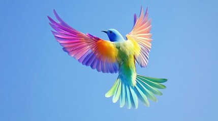 Wall Mural - sadness emotion healing concept. colorful bird in flight against a clear blue sky, showcasing its wi
