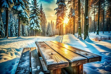 Poster - Rustic Wooden Table in Snowy Winter Wonderland:  A Documentary Photography Style Image