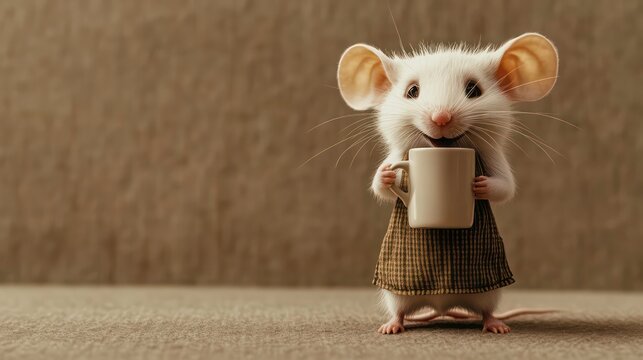 smiling white mouse wearing a apron holds a coffee mug, standing on the floor. The image is set against a brown felt background perfect for poster. web,banner/nursery/blog, decor, cover