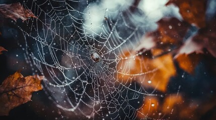 Dew-covered spiderweb with autumn leaves.