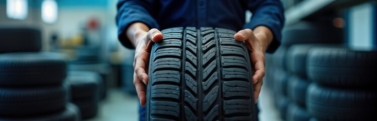 Mechanic holds new tire in workshop. Tire service shop setting. Man in uniform handles rubber. Maintenance concept. Vehicle repair process. Background shows stacked tires. Professional auto service.