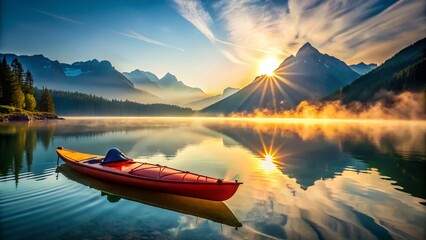 Wall Mural - Serene Kayak Adventure: Happy Sunday Mountain Lake Escape