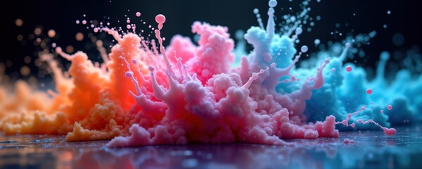Poster - Colorful ink splashes, droplets create abstract cloud-like forms on dark surface. Vibrant colors mix, blend creating artistic pattern. Abstract art illustration with vibrant colors, liquid texture.