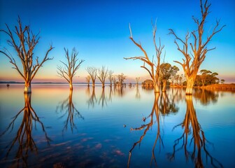 Wall Mural - Serene Mulwala Lake: Calm Waters, Dead Trees, Australian Landscape Photography