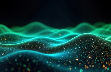Fototapete - Futuristic abstract landscape. Waves of glowing particles. Green, blue gradient colors. Network data flow. Futuristic tech background. Modern design. Abstract tech pattern. Cyberpunk style.