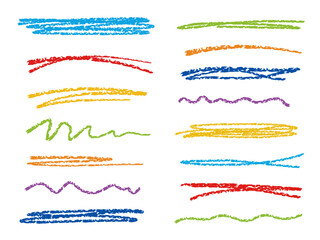 Poster - Set of colorful hand drawn pencil strokes. Abstract vector scribbles, wavy lines, and underlines. Colorful Chalk crayon sketch elements. Perfect for adding playful accents to children design