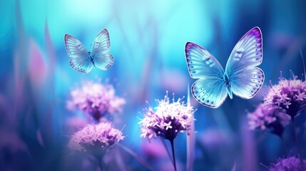 Wall Mural - Light Blue Flowers on Nature's Blanket. Beautiful Summer Scenery with Fluttering Butterfly, Close-up Macro of Wild Plants in Blue and Purple Tones