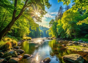 Wall Mural - Serene Summer River Landscape: Lush Forest, Deep Focus Photography