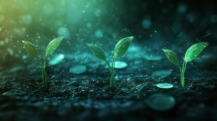Wall Mural - three sprouts growing from coins on a digital background.