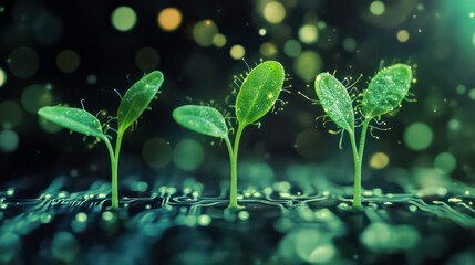 Wall Mural - three sprouts growing from coins on a digital background.