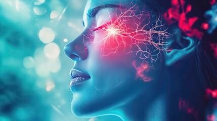 Poster - trigeminal nerve with a highlighted area indicating pain, surrounded by educational text about trigeminal neuralgia symptoms and treatments