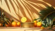 © florynstudio3 - tropical summer scene featuring a golden podium surrounded by citrus fruits and palm leaves. The shadows cast on a vibrant orange background evoke warmth, exotic vibes, and a sense of relaxation