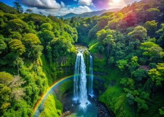 Sticker - Serene Waterfall Cascading Through Lush Tropical Rainforest with Rainbow - Aerial View