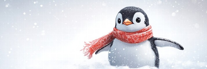Poster - Cute penguin wearing a red scarf walking through snowflakes in a winter wonderland setting. Generative AI