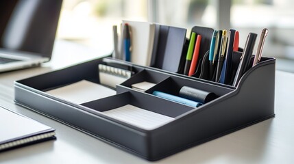 Canvas Print - Organized office desk with pen holder and notebooks for efficient workspace